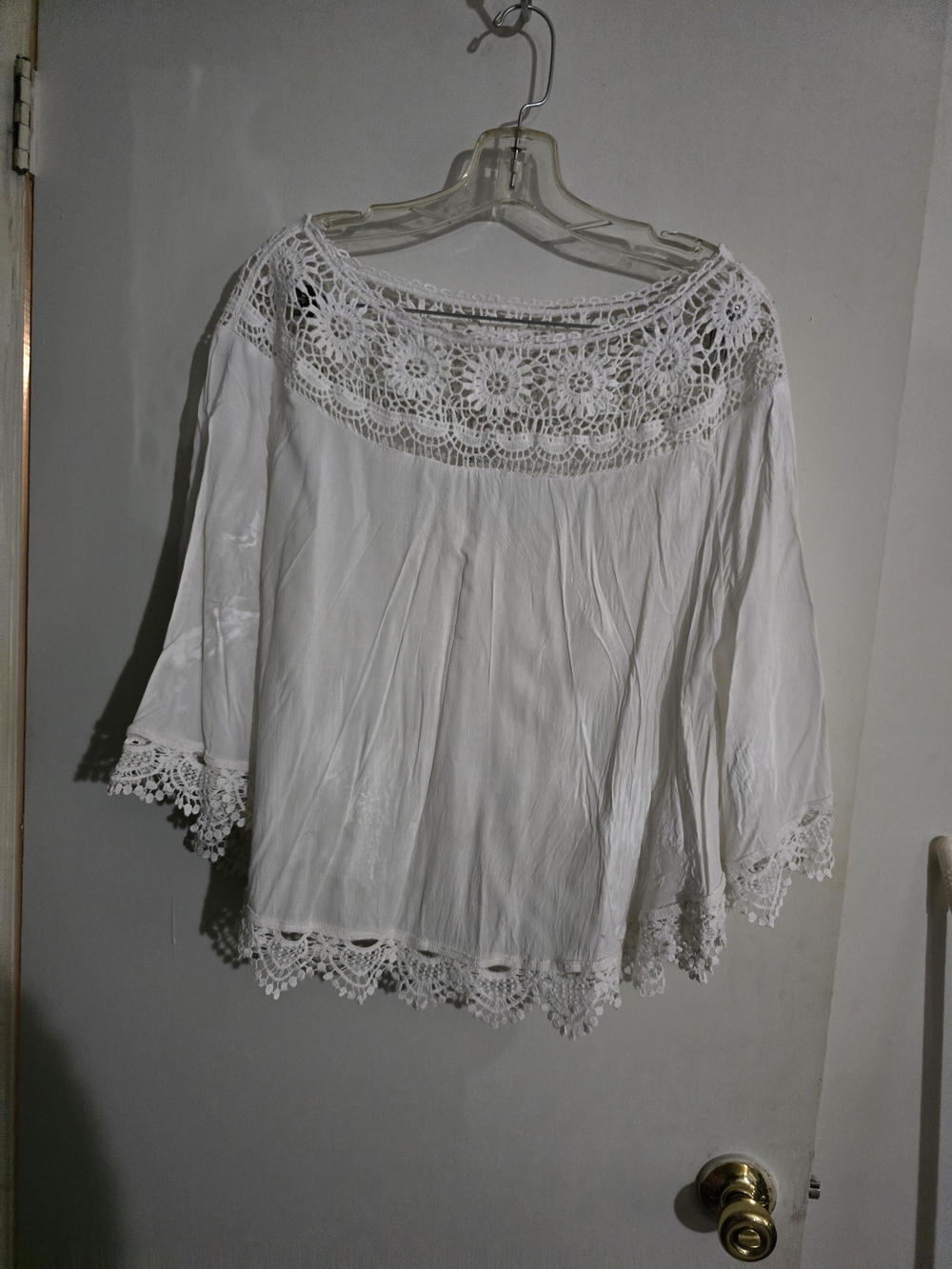 American Rag White Crochet Yoke Boho Blouse Lg Y2k